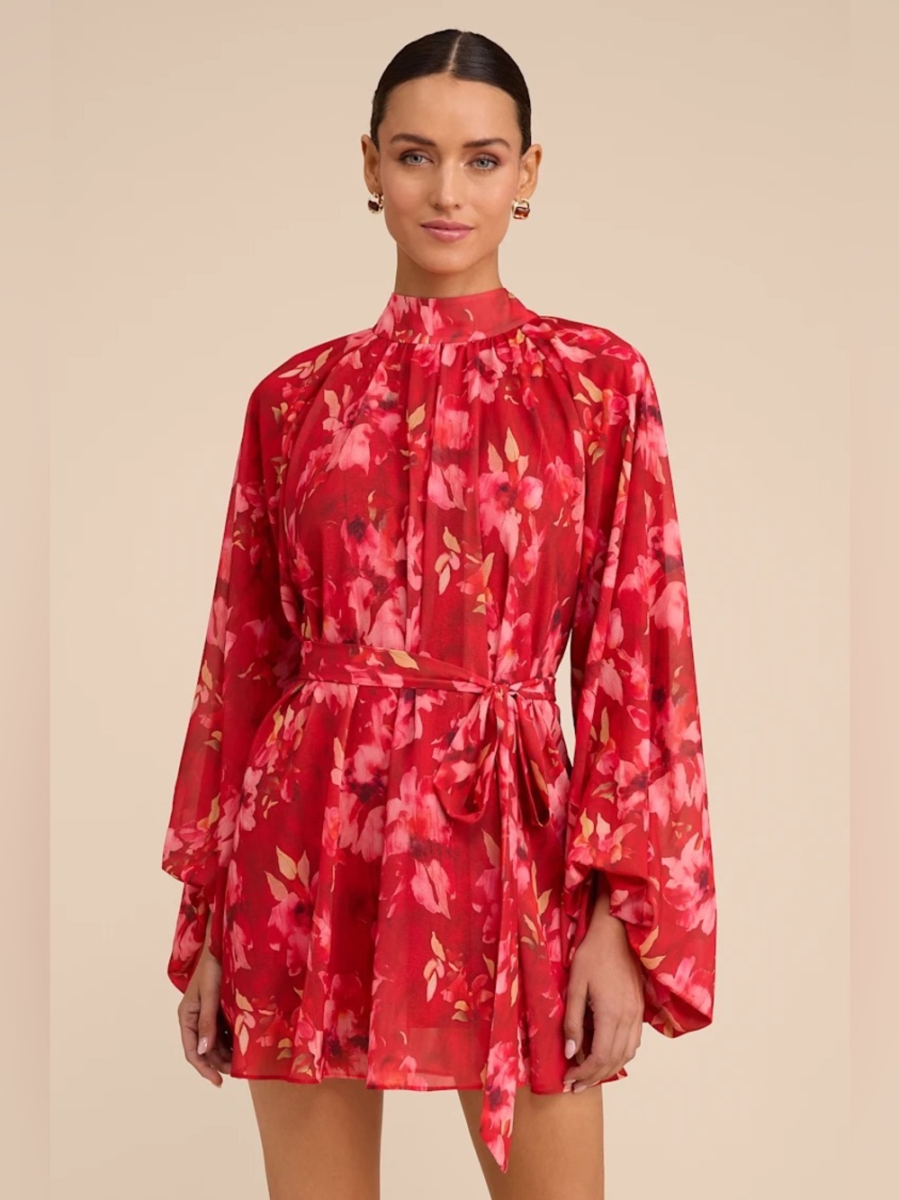 Lulus Lata Red Floral Mock Neck Belted Mini Dress
